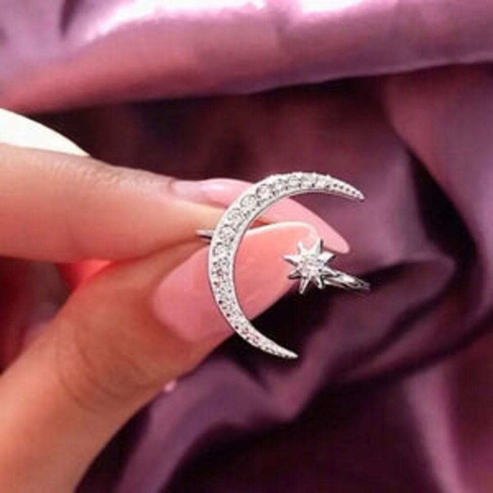 NEW Silver Crescent Moon & Star Adjustable Ring